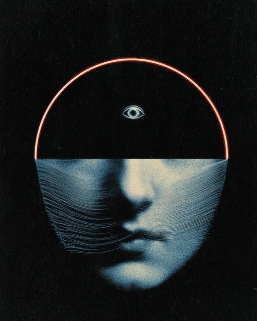 Collage of a face beneath an arch with an open eye