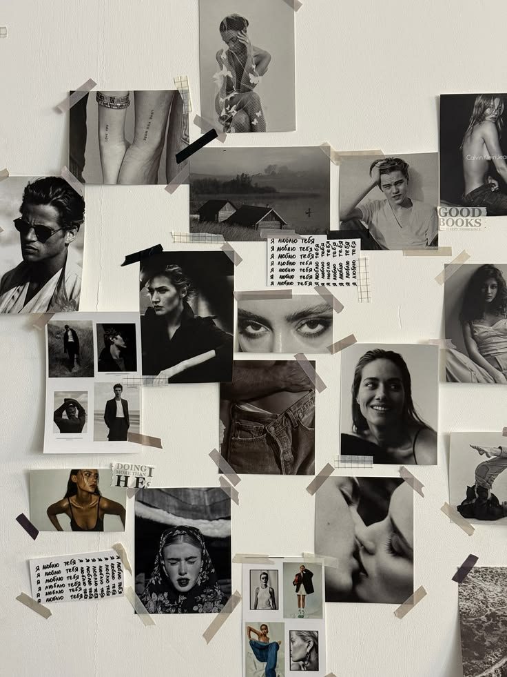 A wall of pinned black-and-white photographs